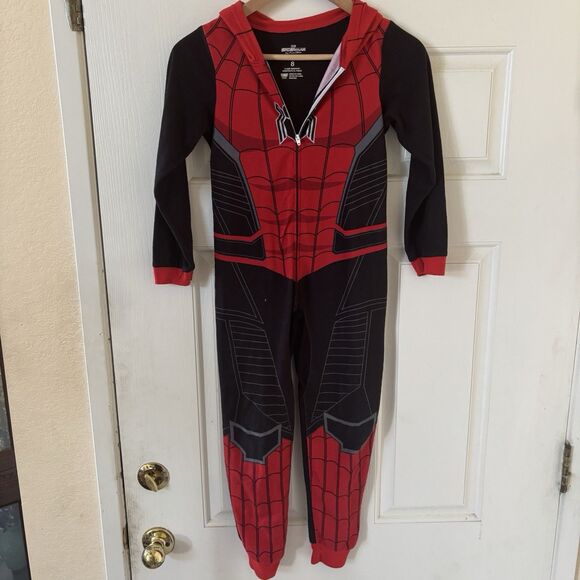 Spiderman Boys Jumpsuit Pajama Costume Size 8 Fleece Hooded Halloween Superhero - Picture 2 of 11